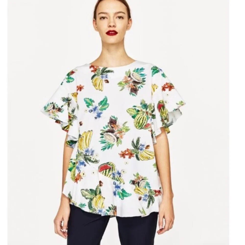 Zara Oversized Printed Ruffle Blouse - Picture 4 of 12